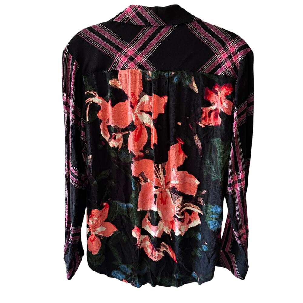 Guess Mixed Print Top Womens Medium Black Pink Plaid Floral Boho Button Shirt - Picture 3 of 8